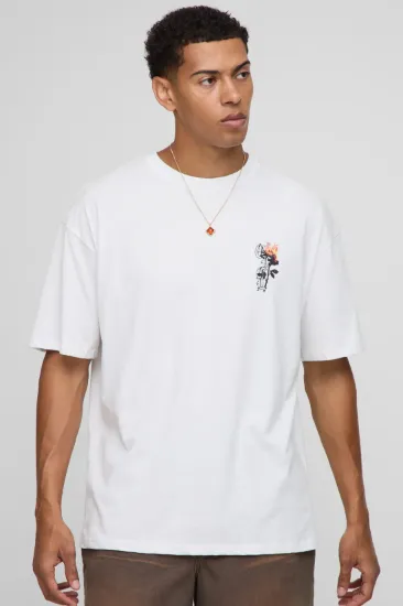 Picture of White Oversized Ofcl Man Floral Flame Printed T-Shirt